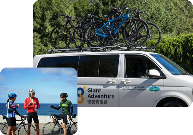 車頂載著單車的大白補給車,以及車友在海邊休息補給