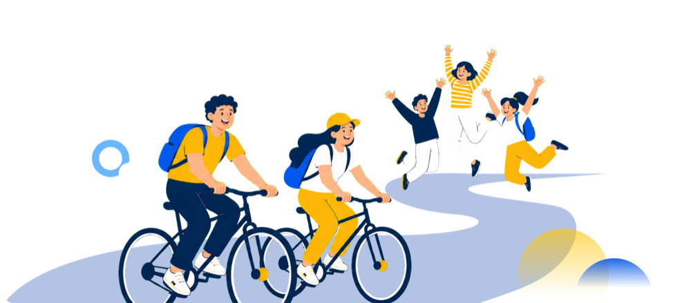 一群朋友騎單車、跳躍歡呼的插畫